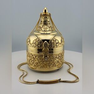 RARE JUDITH LEIBER 1970 Gold Plated Hard Case Minaudiere Handbag Box Filigree